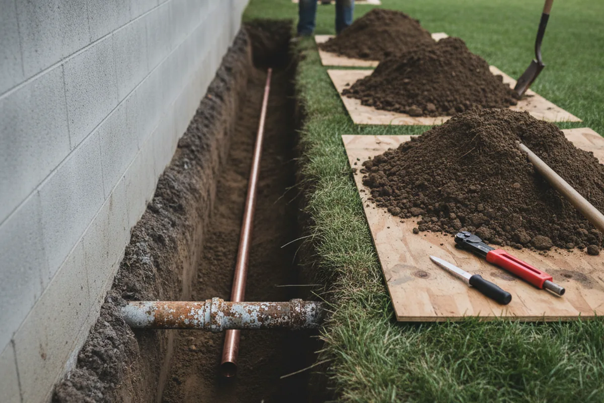 Excavated water line trench during Water Softener Installation in New Iberia